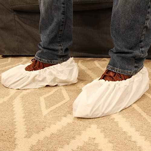 Waterproof Boot and Shoe Covers - Durable, Extra Large, Stretchable Up to Size 14 Work Boot - Dispenser Box Contains 80 Shoe Covers (40 Pair) - White