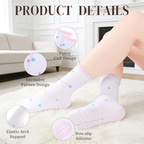 Women's Ruffle Pilates Grip Socks - 8 Pairs Cotton Non-Slip - Cool Fresh