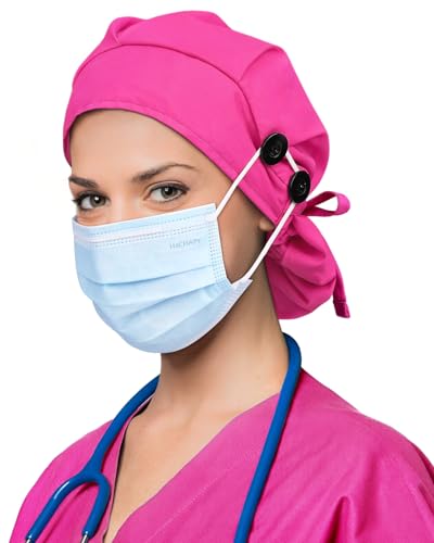 Satin Lined Scrub Cap for Women with Ponytail Button Closure - Pink (Hachapy)
