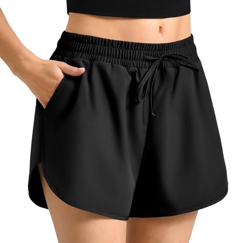 High Waist Quick Dry Running Shorts for Women with Pockets - Large / Black