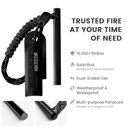 Ferro Rod Fire Starter Kit with Waxed Tinder Cord & Striker - 4 x 3/8 Inch