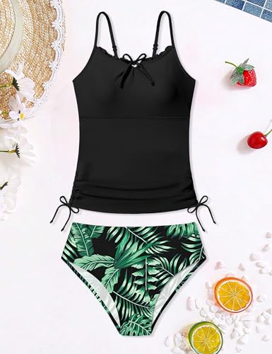 Girls Tankini Swimsuit - Two Piece Bathing Suit with Drawstring, Y-Black, 11-12 Years