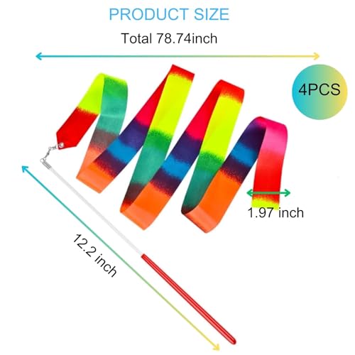 4 Pcs Rainbow Dance Ribbons with Twirling Batons - 78.7 Inch Streamers