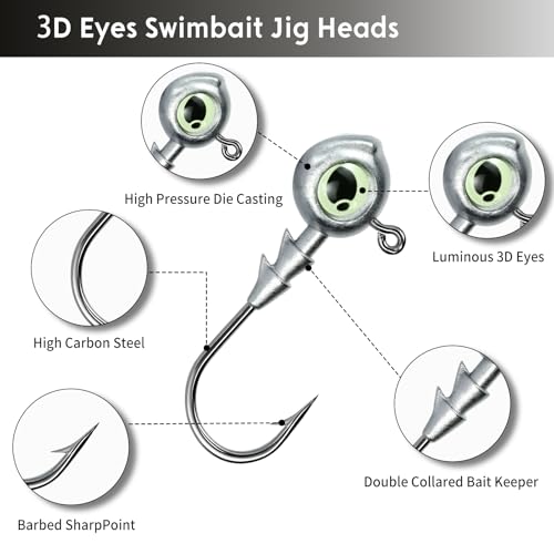 Weighted Swimbait Jig Heads with 3D Eyes - 1/8oz, 10pcs