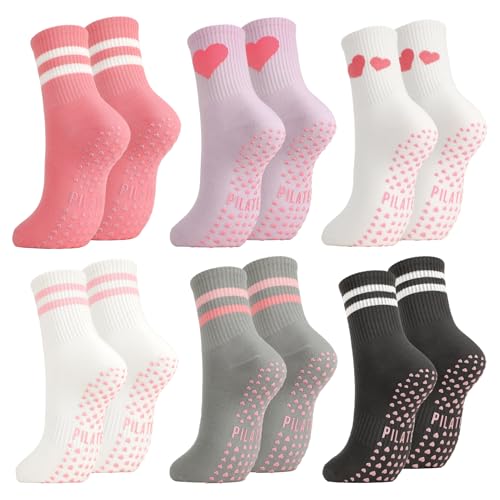 Non-Slip Pilates Grip Socks - Crew Length Cotton Stripe Bow - 6 Pairs