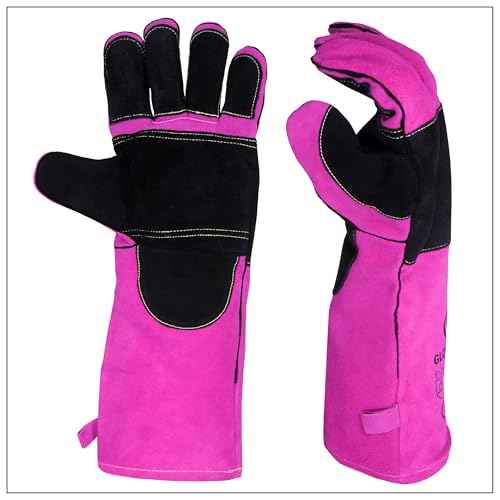 Nation Ladies BBQ/Welding Leather Gloves, Fire Resistant, MIG/TIG Welding, 16 Inch Long Sleeves, Pink/Black