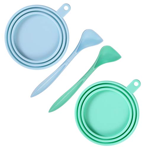 Universal Silicone Pet Food Can Lids with Spoons - 2 Pack, Light Blue & Green