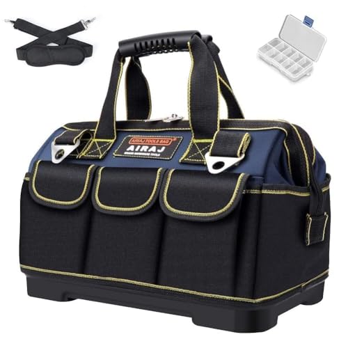 AIRAJ Tool Bag 16 Inch,Wide Mouth Tool Bags for Men Heavy Duty With Waterproof Molded Base,Tools Organizer for Home Repairs,Garage Storage,Professional Work,Adjustable Shoulder Strap,Blue