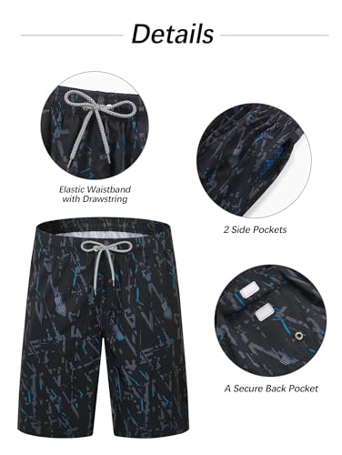 Men's Quick Dry Swim Trunks with Pockets - 9 Inch Inseam - Black Graffiti