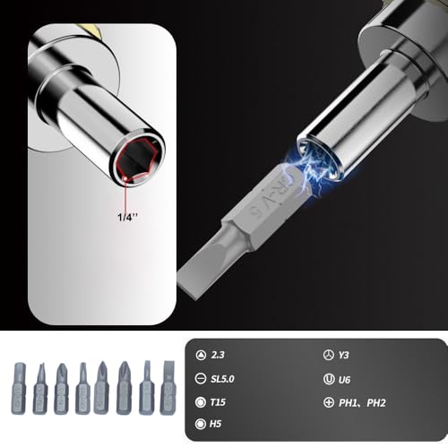 Stubby Ratcheting Screwdriver,8 in 1 Stubby Multi-bit Screwdriver Set with 1/4 Magnetic Extension Socket Drill Bit Holder for DIY Repairing