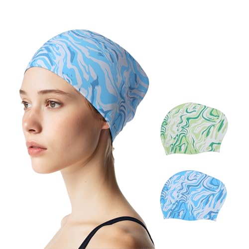 Silicone Swim Cap for Women - Stylish Marble Print, 2 Pack - Blue & Green