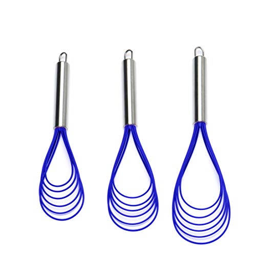 Jell-Cell Blue Flat Whisk Set, 3-Pack Stainless Steel with 6-Wire Silicone Heads 10'' 11'' 12''