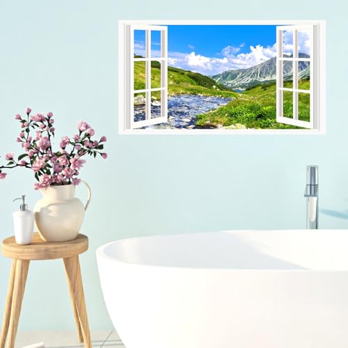 Landscape Wall Sticker Decor 3D Fake Window Mountain Scenery Wall Sticker Peel and Stick Wall Art Wallpaper Removable Faux Window Wall Mural Decal for Bedroom Living Room