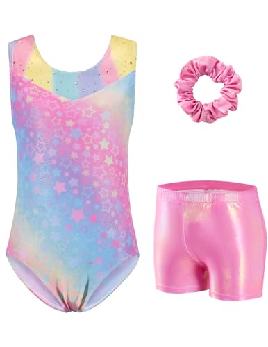 Sparkly Gymnastics Leotard for Girls - Rainbow Stars, 9-10 Years
