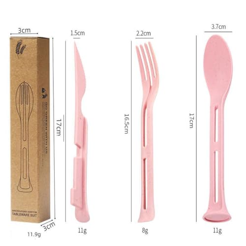 3-Piece Reusable Wheat Straw Cutlery Set with Case - Pink