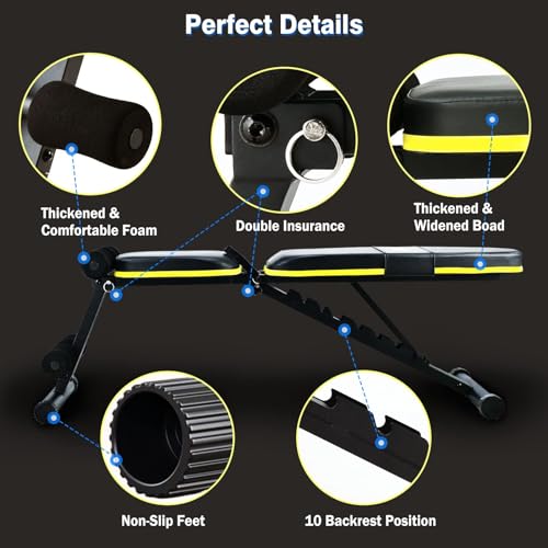 Adjustable Weight Bench - Foldable Home Gym Equipment, 700LB Capacity - Yellow/Black