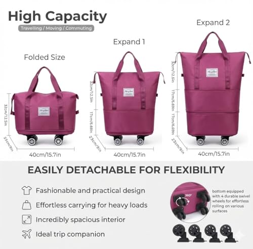 360° Spinner Wheel Duffel Bag - 3-in-1 Expandable Tote - Black