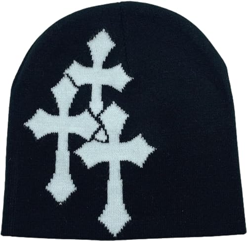 Pooyikoi Y2K Dark Cross Wool Hat for Cold Weather - Black-White, One Size