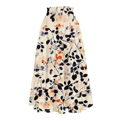 Womens Boho Floral Print Midi Skirt - Pleated A-Line - Beige Small