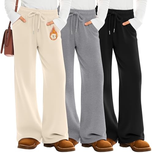 LessonZoo 3-Pack Girls Fleece Sweatpants - Large Apricot, Gray, Black