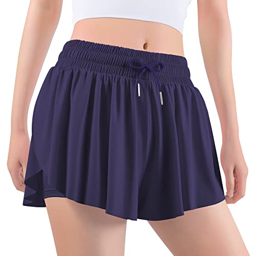Butterfly Shorts for Girls - 2-in-1 Flowy Athletic Shorts with Pocket - Quick Dry, Navy, 9-10 Years