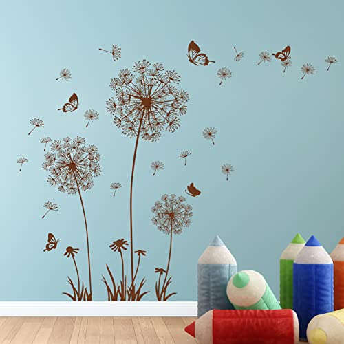 Removable 3D Dandelion Wall Decals Flowers and Flying Butterfly Wall Stickers Murals Self-adhesive Peel and Stick Falling Dandelions Decor for Girls Bedroom Living Room Nursery Baby Children's