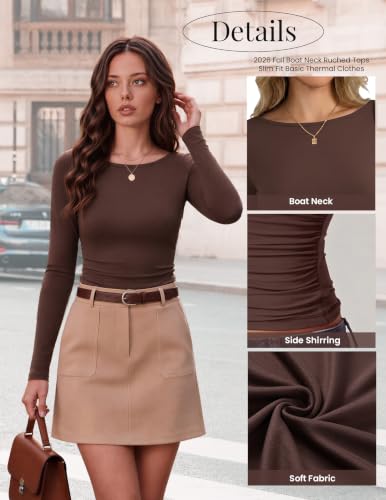 Womens Long Sleeve Thermal Tops - Boat Neck Ruched Shirts - Small Brown