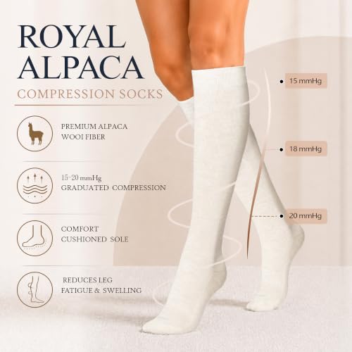 LEVSOX Alpaca Compression Socks for Women 15-20 mmHg Support, Medium-Large, 2 Pairs Beige/Light Grey