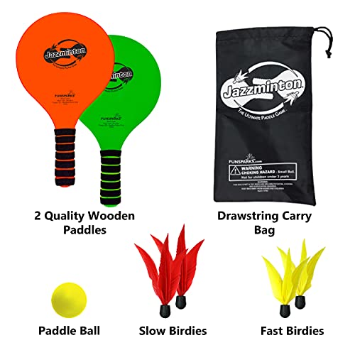 Paddle Ball Game Set with Carry Bag - 2 Wooden Paddles, 4 Birdies, 1 Ball - One Size