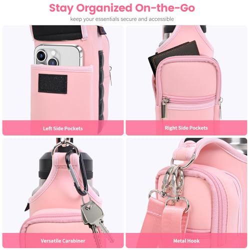 icolor Pink Neoprene Magnetic Gym Water Bottle Holder with Phone Pockets & Shoulder Strap