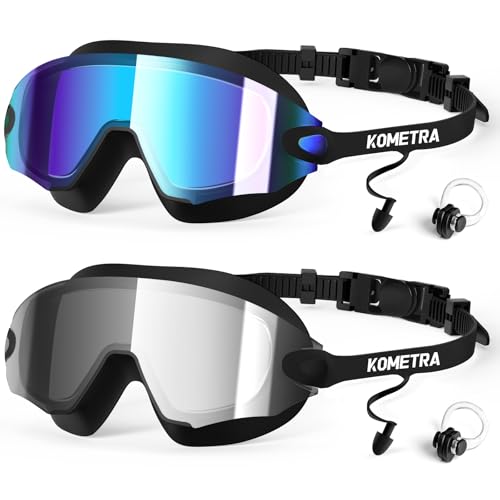 KOMETRA 2 Pack Adult Frameless Anti-Fog UV Swim Goggles with Clear & Tinted Lenses - Black & Blue/ Silver Variants