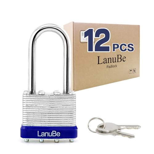 LanuBe Lock Laminated Steel Keyed Padlock,Keyed Alike Locks, Long Shackle Padlock,Pack of 12