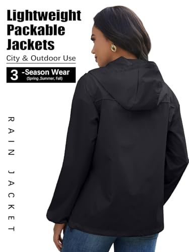 CRIPOM Women's Waterproof Hooded Rain Jacket - Light, Breathable, Black, Large