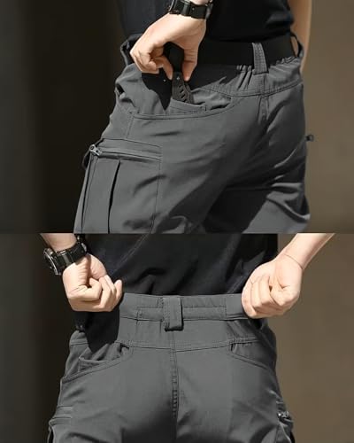 Boonlight Men's Dark Grey Lightweight Tactical Cargo Pants - Water Resistant Hiking Pants, Multiple Pockets, No Belt, Large