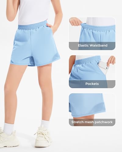 High Waisted Girls Running Shorts - Athletic Sports Gym Shorts - Blue, 13-14 Years