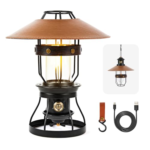 Metal LED Retro Camping Lantern, 2-in-1 Hanging/Standing, Dimmable, 3500mAh Rechargeable, Water Resistant, Brown