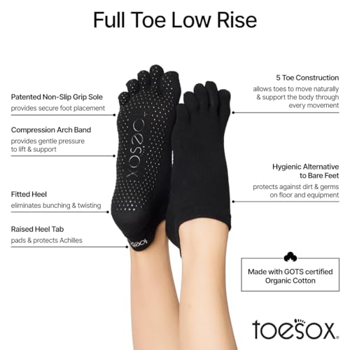 Toesox Low Rise Grip Socks 2-Pack Medium Heather Grey/Black for Yoga & Pilates