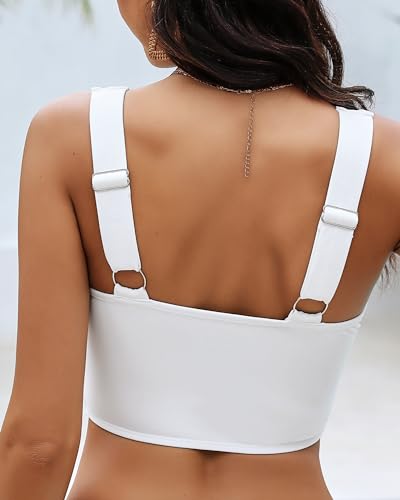 GRAPENT Large White Bikini Top for Women Cropped Strap Knot Cut Out Padded Swimwear