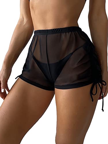 Falainetee Women's Black Medium Mesh Beach Cover Up Shorts - Summer Bikini Bottoms with Drawstring Side