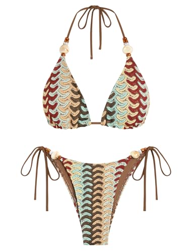 ZAFUL Women's Coffee Beaded Triangle Bikini Sets - Medium Size