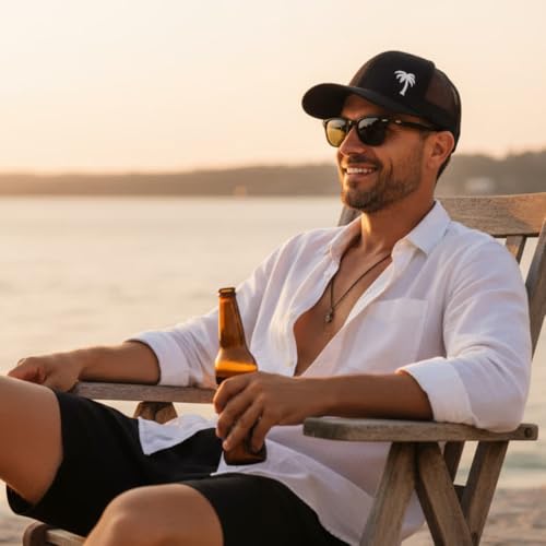LINDO Black Palm Tree Trucker Hat - One Size Men Women Mesh Cap
