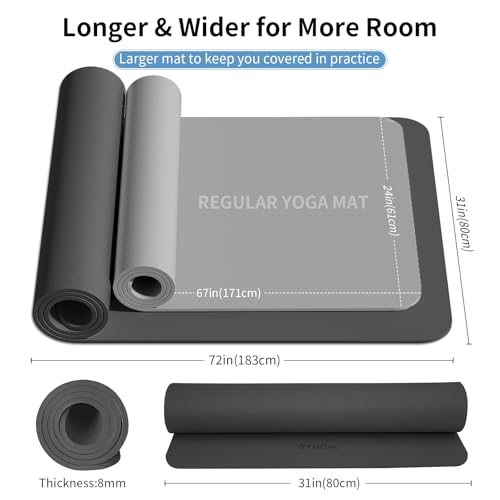 Extra Wide 8mm Yoga Mat - Non-Slip, Black, 72"x31.5"