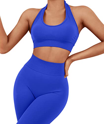 Seamless Halter Sports Bra - Open Back Padded Crop Top - Large Royal Blue