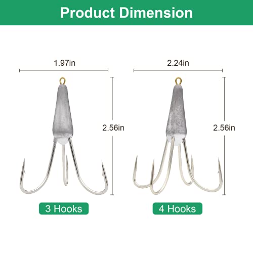 Weighted Treble Fishing Hooks - 1.05oz Three Claw & Four Claw