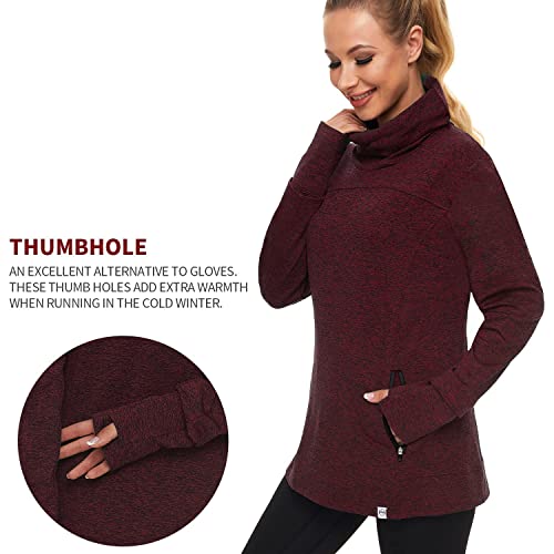 Soneven Women's Red Large Running Fleece Sweatshirt with Cowl Neck & Thumb Holes