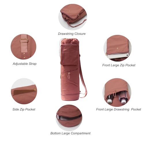Yoga Mat Bag - Multi Pocket Drawstring Carrier - Nylon Pink