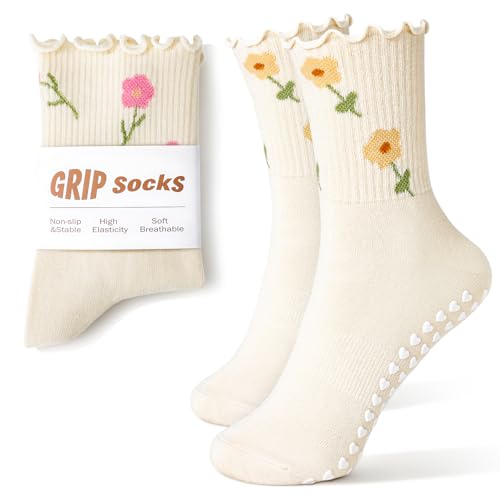 Non-Slip Pilates Grip Socks for Women - 2 Pack Beige Flower & Red Flower