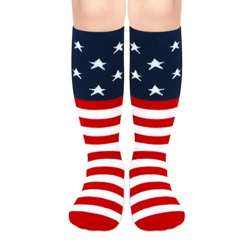Kids Soccer Socks with Stripes - Toddler Knee High - American Flag, 6-9 Years