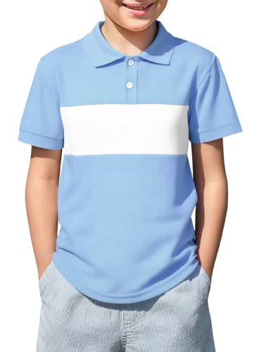 Boys Color Block Polo Shirt - Short Sleeve, Sky Blue, 13-14 Years