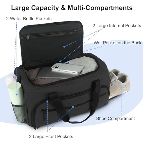 SOAEON Black Gym Duffle Bag for Men & Women with Wet & Shoes Compartments, Water-Resistant Overnight Weekender
